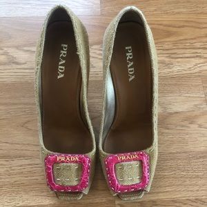 Authentic Prada Open Toe Buckle Heel (Size:38.5)